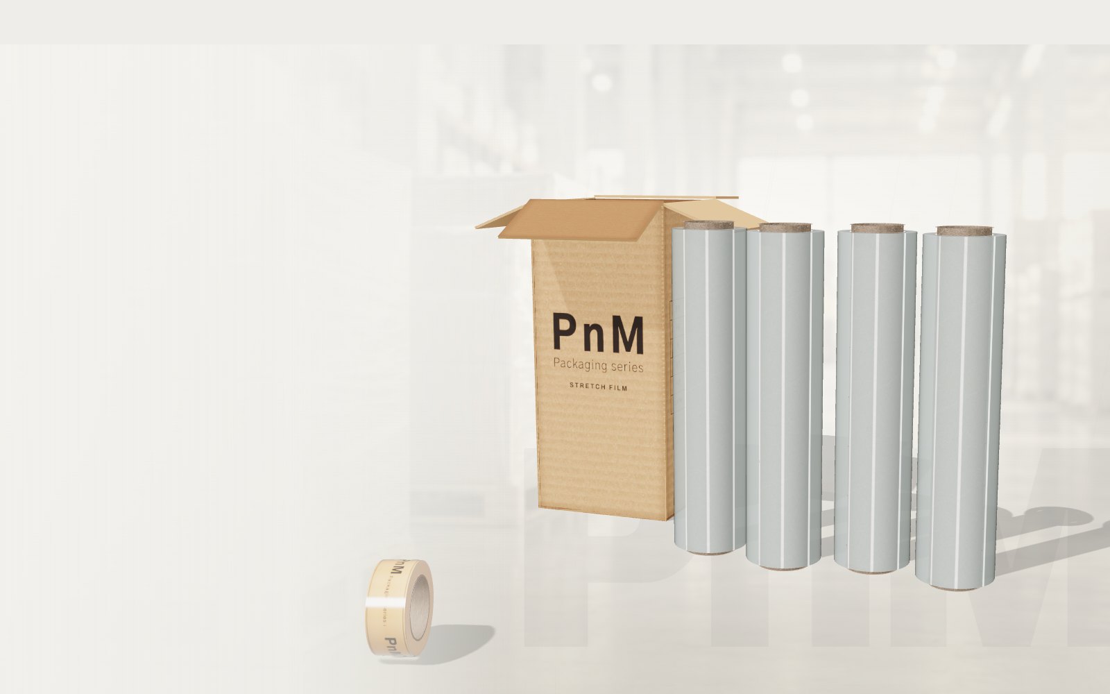 열린 PnM 스트레치필름 박스와 스트레치필름 롤